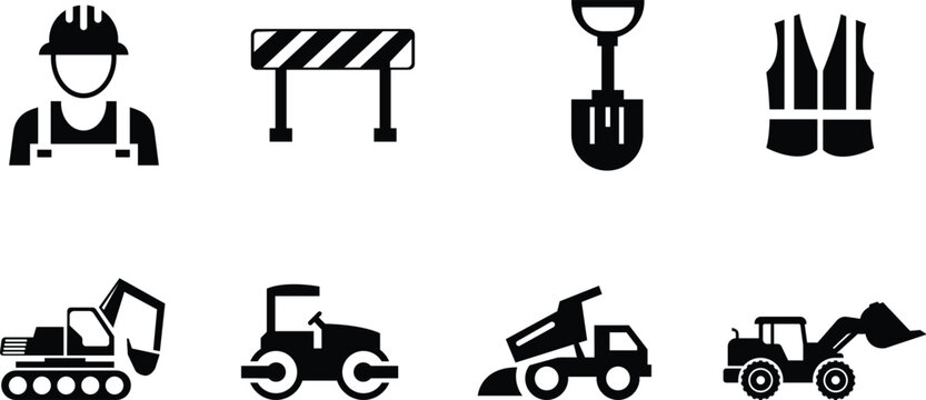 Construction icons set including worker roadblock tools and heavy machinery
