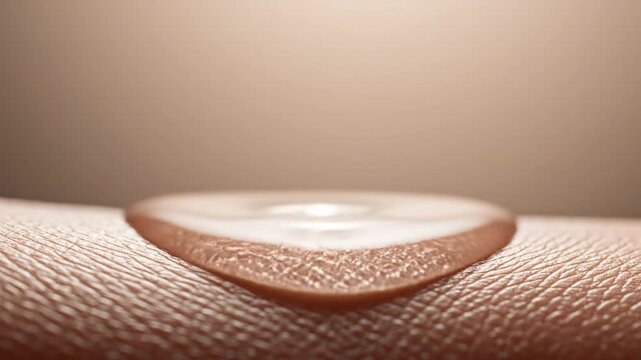 Single liquid drop hovering over textured human skin.