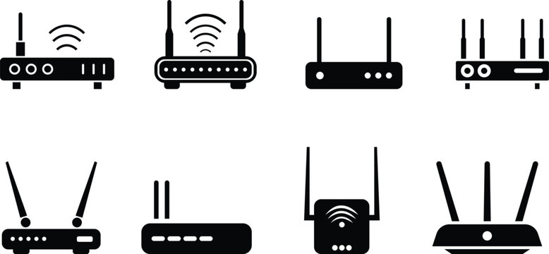 Black and white icons of various wireless routers and modems