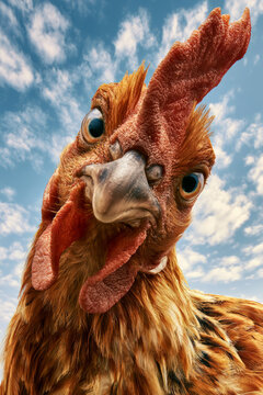 Close-up portrait of curious rooster against blue sky