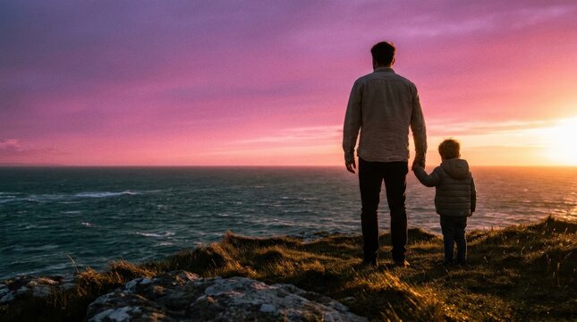 Silhouetted father and child on clifftop at sunset