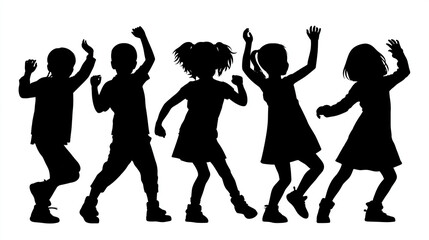 Fototapeta premium Children dancing in dynamic silhouette poses, striking black vector style on white background, kids dance performance graphic, youth dance activity icon set, childhood movement
