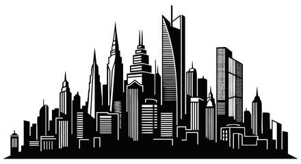 Fototapeta premium Vector illustration of black and white silhouette of a modern city skyline on a transparent background