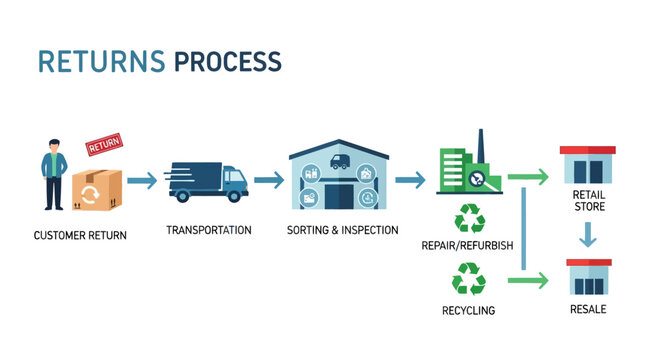 Returns process infographic showing reverse logistics flow from customer to resale