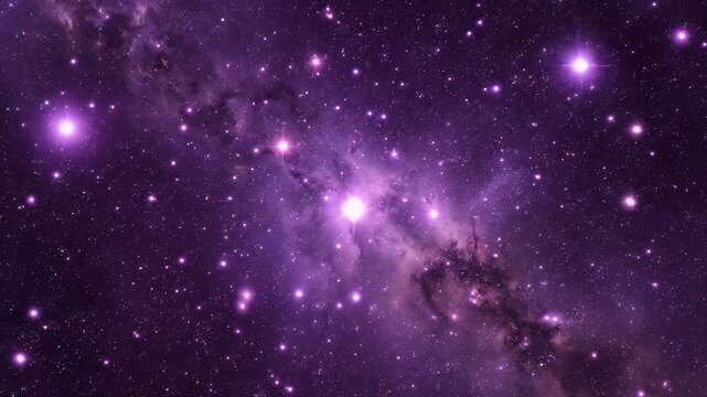 A vibrant purple nebula is illuminated by countless stars and a bright central light.
