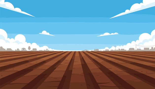 Wide panoramic view of a plowed farm field featuring brown soil furrows under a clear sky with fluffy clouds and a distant town silhouette on the horizon line for agriculture.
