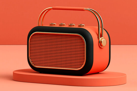 Vintage radio on pedestal with retro orange design