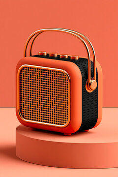 Vintage portable radio on pedestal in warm studio light