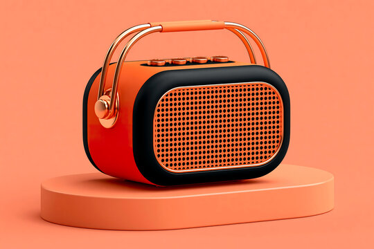 Vintage portable radio on coral podium in retro studio