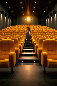 Rows of yellow chairs in a dimly lit auditorium