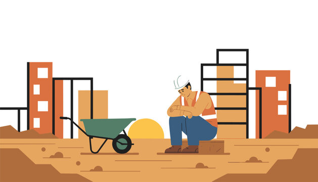 Construction worker wearing hard hat sits dejectedly on brick near wheelbarrow at building site showing fatigue and labor challenges.