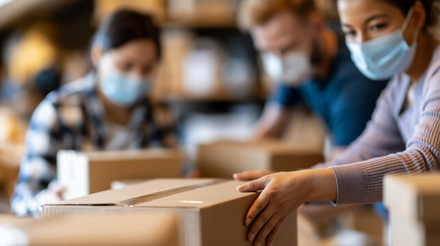 Faceless family members wearing masks while cleaning a dusty home attic, organizing storage boxes and clearing clutter, defocused attic environment in background, deep cleaning