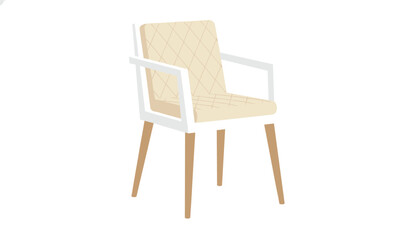 Naklejka premium Modern dining chair with beige quilted upholstery and light wooden legs, presented as an isolated piece of seating equipment.