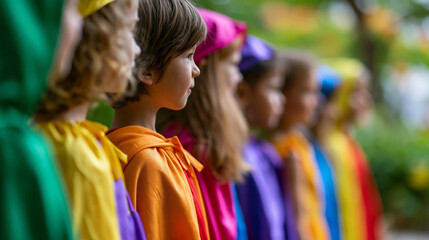 Fototapeta premium Faceless group of children dressed in colorful costumes posing outdoors, vibrant fabric and accessories, defocused garden or park setting in background, children's dress-up