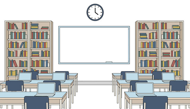 Classroom interior with rows of desks, laptops, bookshelves filled with books, and a large whiteboard on the wall.