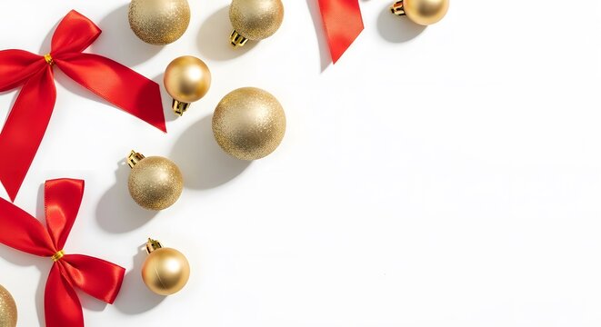 Gold Christmas ornaments and red satin bows arranged on white background space