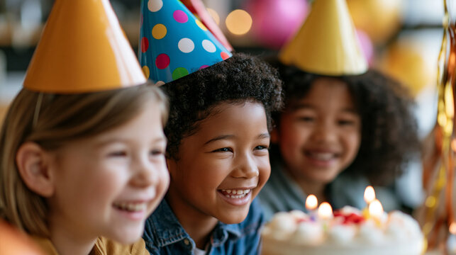 Ecstatic children in colorful birthday hats laughing together behind a frosted celebration cake at an indoor party, festive streamers visible, defocused decorated party room in