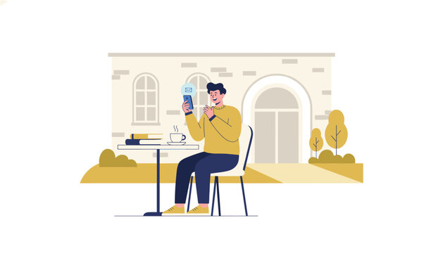 Man sits at cafe table with coffee and books, looking at smartphone with message notification icon, set against stone building background.