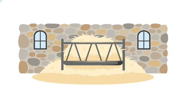Metal hay feeder filled with straw, positioned in front of rustic stone wall with two arched windows in barn interior for farm animal feeding.