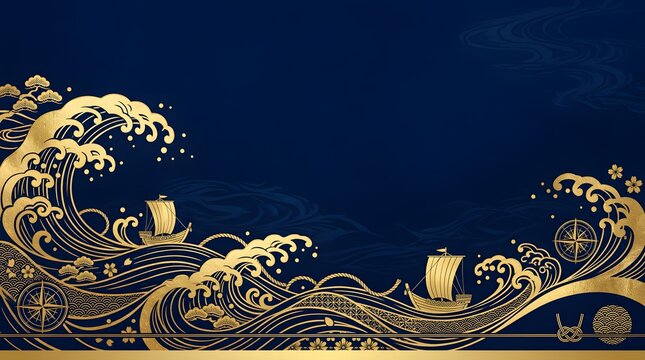 Luxury Indigo And Gold Ukiyo Wave Background With Traditional Sailing Ships Banner Backdrop
