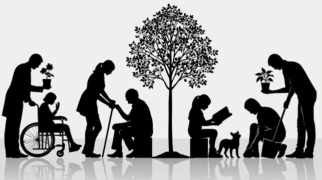 Volunteering and social care silhouette set featuring disability assistance helping elderly tree planting reading to children and animal rescue, clean black vector collection,