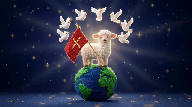 Knitted lamb with holy flag standing on globe surrounded by white doves. Christian religion symbol of peace and salvation in cute felted craft style animation.