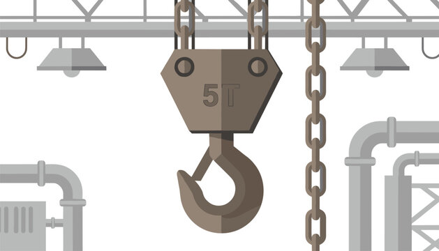 Industrial crane hook labeled 5T suspended in a manufacturing facility with metal pipes and overhead lighting structures for heavy lifting operations and logistics work.