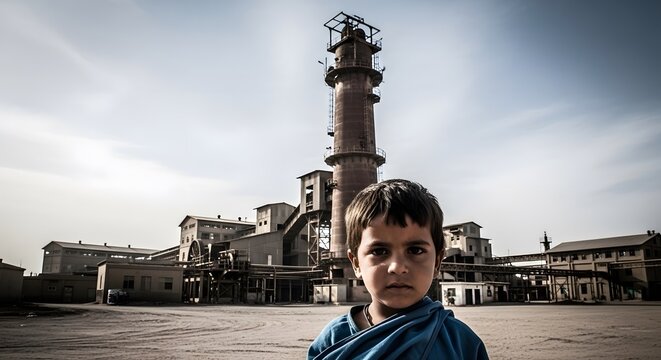 Young serious child standing in front of a massive industrial factory complex