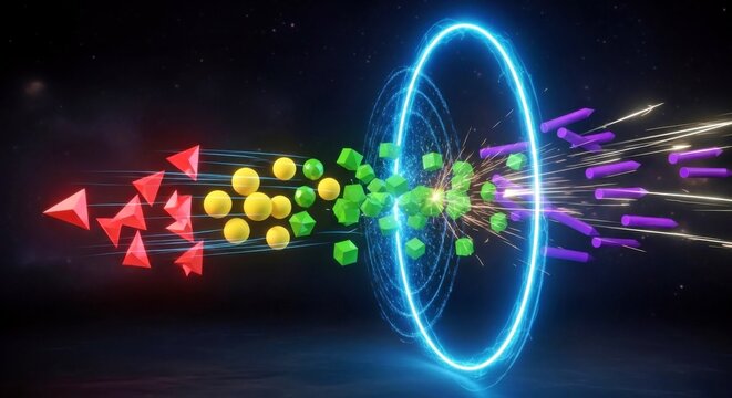 Particle Collision Illustration With Atomic Nucleus and Subatomic Particles in Space Themed Design