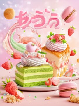 Kawaii dessert festival poster in coffee brown and baby pink tones featuring realistic matcha cake, strawberry cake with whipped cream, and fluffy bread. Ultra-detailed textures with visible sugar spr