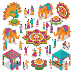Fototapeta premium Vibrant isometric vector illustration of Indian culture celebrating independence day with traditional elements