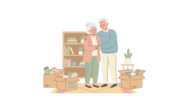 Retired husband and wife stand together in their new home surrounded by packed cardboard boxes and a bookshelf to celebrate their recent relocation.