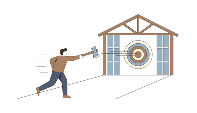 Man in casual clothing throws a double-bit axe at a circular target mounted on the wall of a house to practice his precision and accuracy.