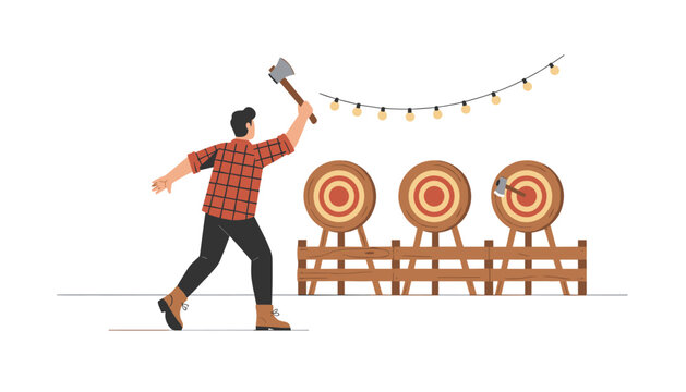 Sportsman throws an axe at one of three wooden targets mounted on stands while string lights hang in the background of the recreational facility.