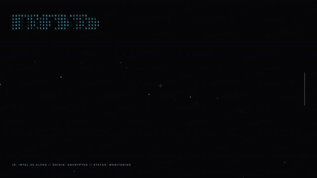 Encrypted satellite tracking HUD with dynamic latitude longitude coordinates and monitoring status