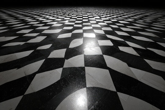 Checkerboard, chessboard, checkered plane in angle perspective. Tilted, vanishing empty floor.  