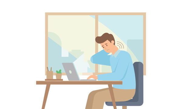 Stressed office worker rubbing neck while sitting at desk with laptop in front of window during work day.