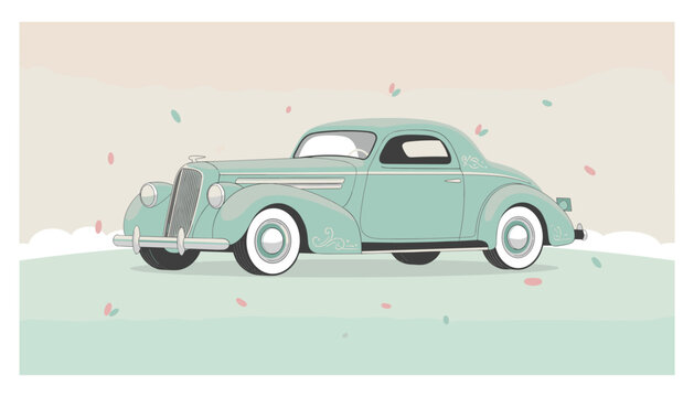 Vintage classic car drives through a pastel landscape with falling leaves in a stylized flat vector graphic design style for retro travel themes.