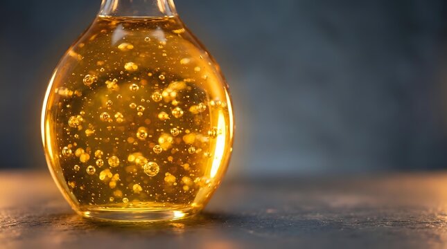 Golden liquid with sparkling bubbles in glass bottle against blurred background, suitable for cosmetics, skincare, perfume, and wellness product packaging design.