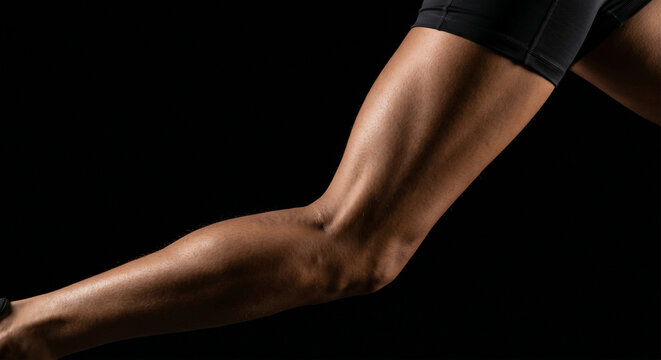 Close up of muscular athletic leg in motion on black background