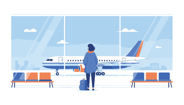 Passenger with luggage stands looking out of large airport terminal window at commercial airplane on tarmac for travel and tourism.