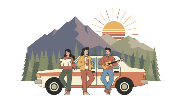 Three friends standing by a vintage car in front of a mountain range at sunset with a guitar and map for travel and adventure lifestyle marketing campaigns.