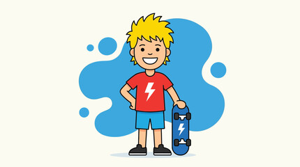 Cartoon boy holding a blue skateboard standing against a vibrant abstract blue splash background design © VectroGraphy