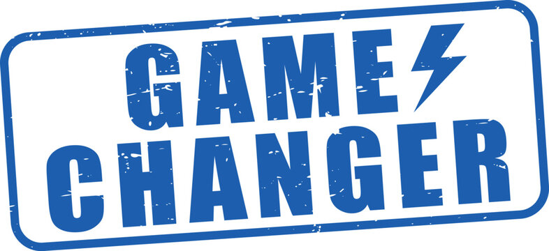 Blue game changer text with lightning bolt on white background