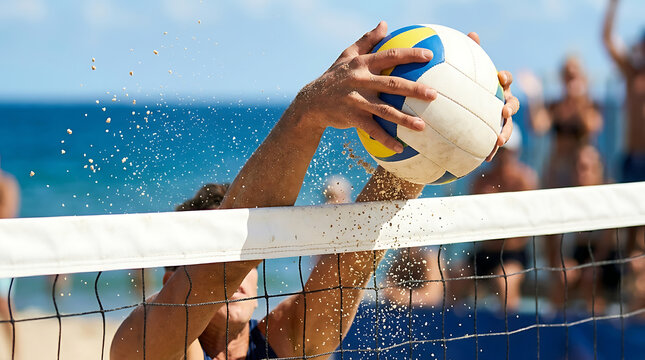 Volleyball Players Blocking and Striking Ball Above Net During Competitive Beach Match
