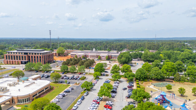Aerial drone view of Evans Towne Center Park and civic buildings in Evans, Georgia USA