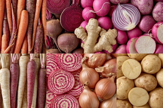 A vibrant collage of fresh root vegetables including carrots, beets, parsnips, onions, potatoes, and ginger.