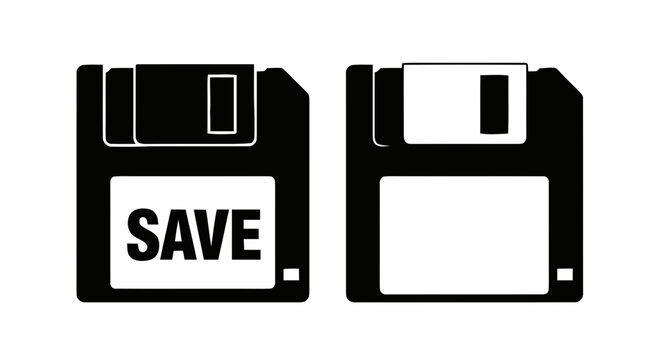 Vector illustration of set of two floppy disk icons, one with save text and one blank on a transparent background