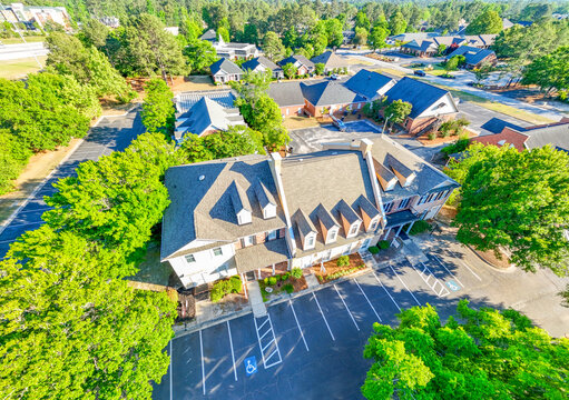 Aerial View of Commercial Buildings roof and parking lot in Augusta Georgia USA