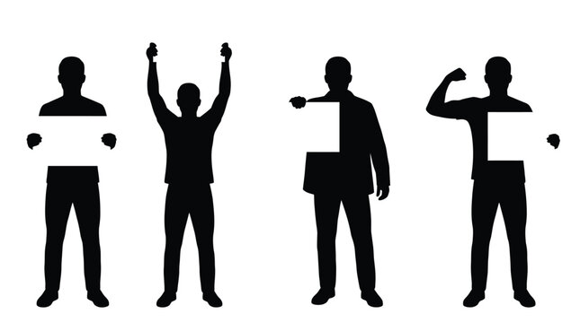 Silhouette group of men holding blank white signs for advertising and communication on isolated background